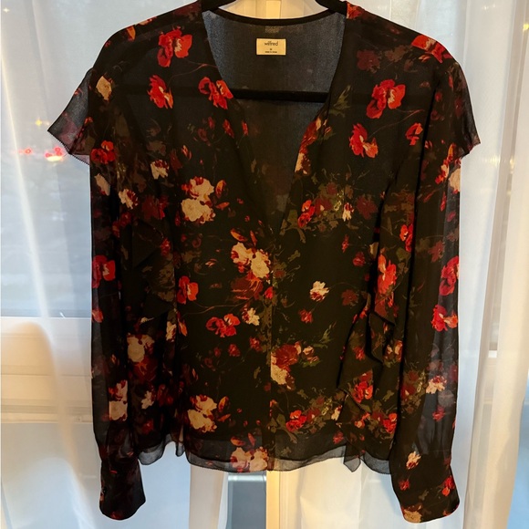Aritzia Wilfred Lilas black floral ruffle sheer blouse top size Medium - Picture 9 of 10